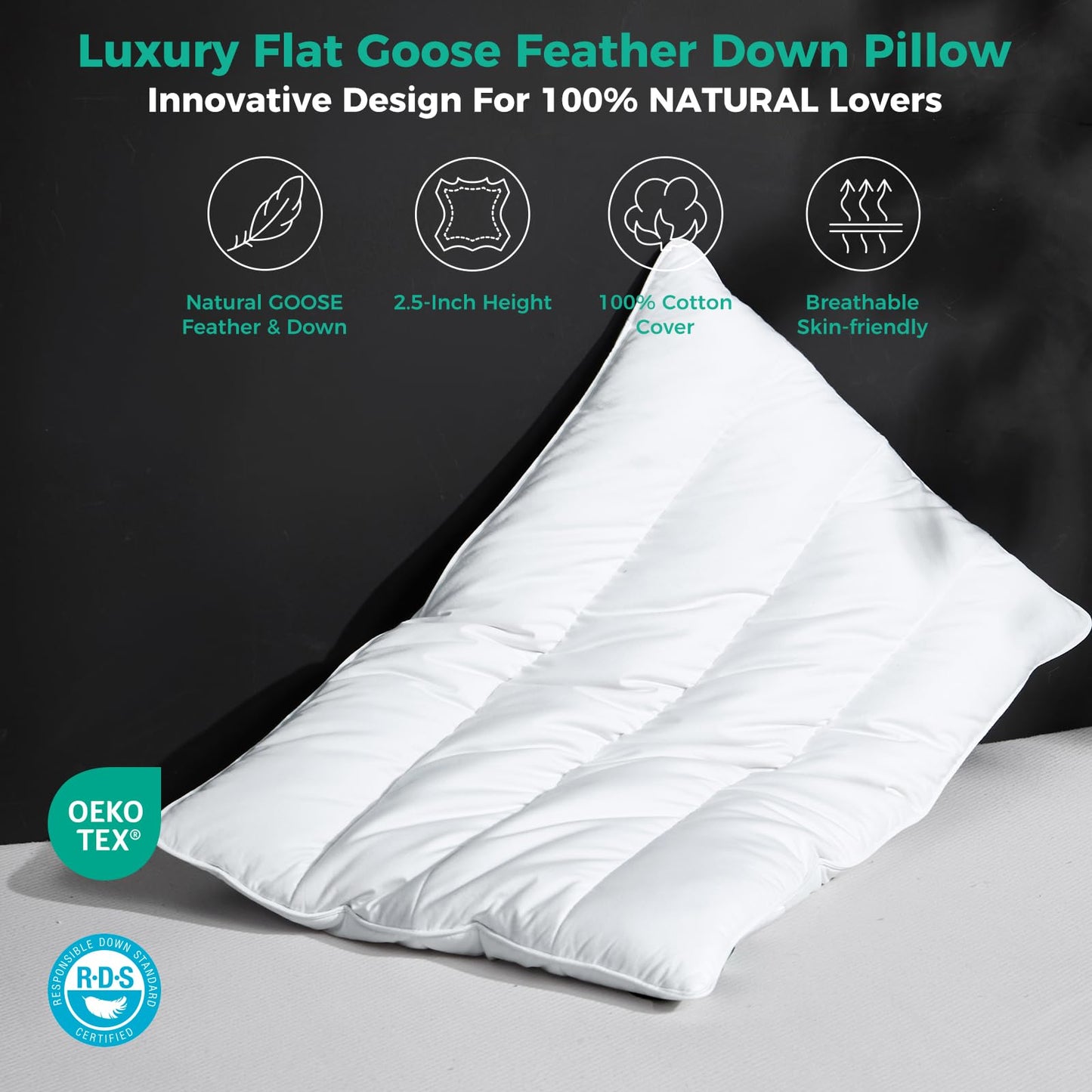 Three Geese Luxury Natural Flat Thin Goose Feather Down Pillows Standard Size, 2.5" Height, 100% Organic Cotton Cover, Medium Firm Hotel Collection Ultra Slim Thin Bed Pillows, Machine Washable