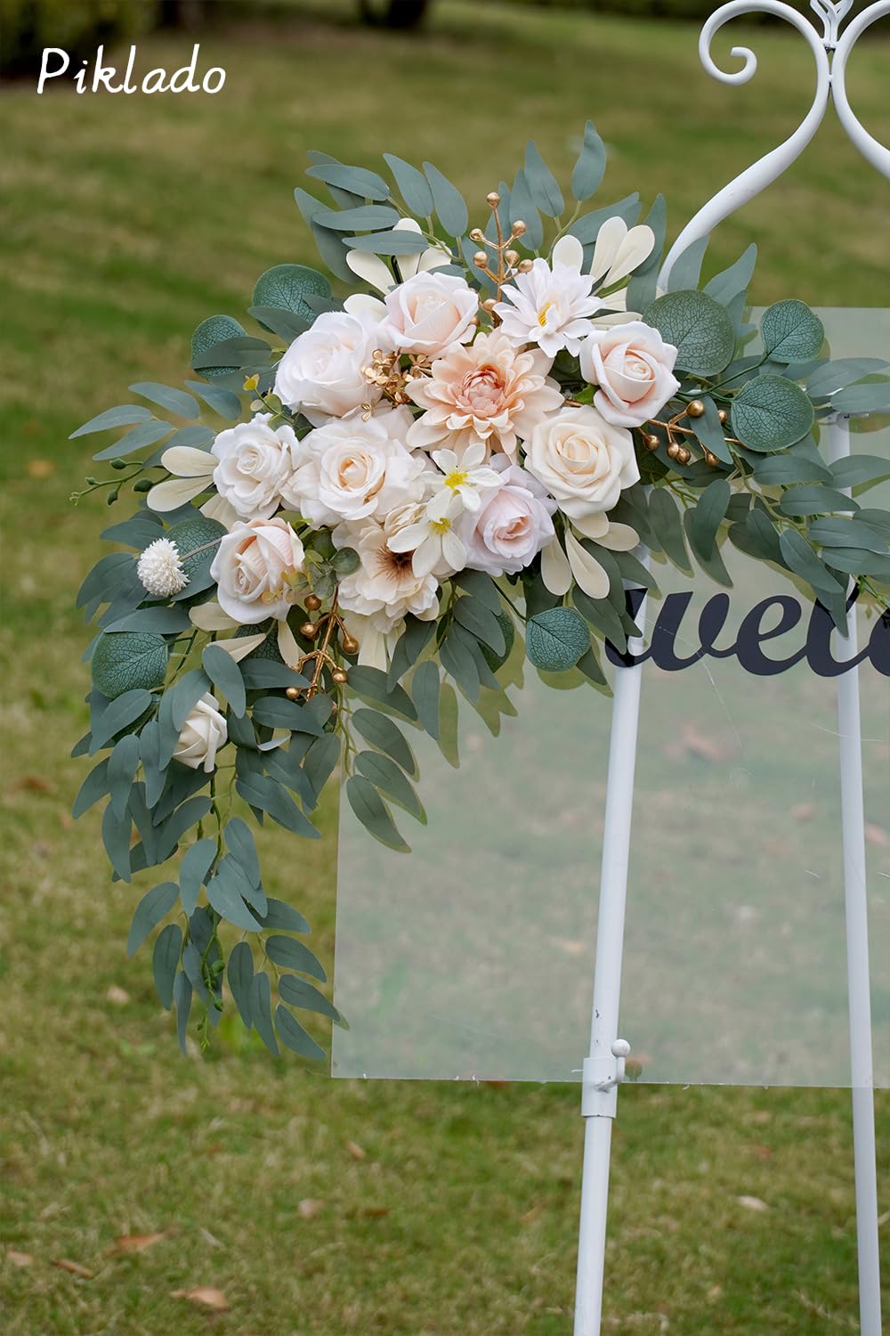 Piklado Faux Flower Swag Set of 2 for Wedding Welcome Signs Floral Swag Wedding Reception Ceremony Signs Decor (Champagne & Cream)