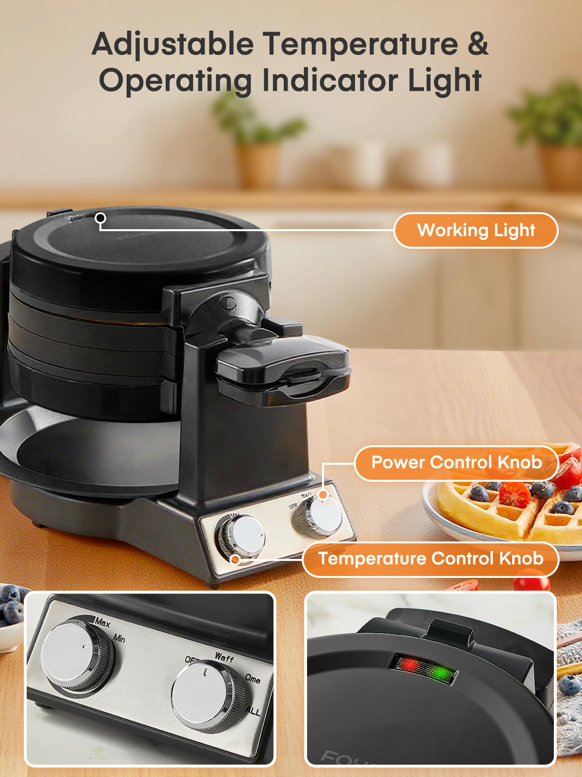 FOHERE 2-in-1 Omelette Maker&Waffle Maker, 1400W Omelet Maker 180° Flip, Adjustable Browning Control, Non-Removable & Nonstick Pans, Make Two Omelet and One Waffle at Once for Home (Dark Black)