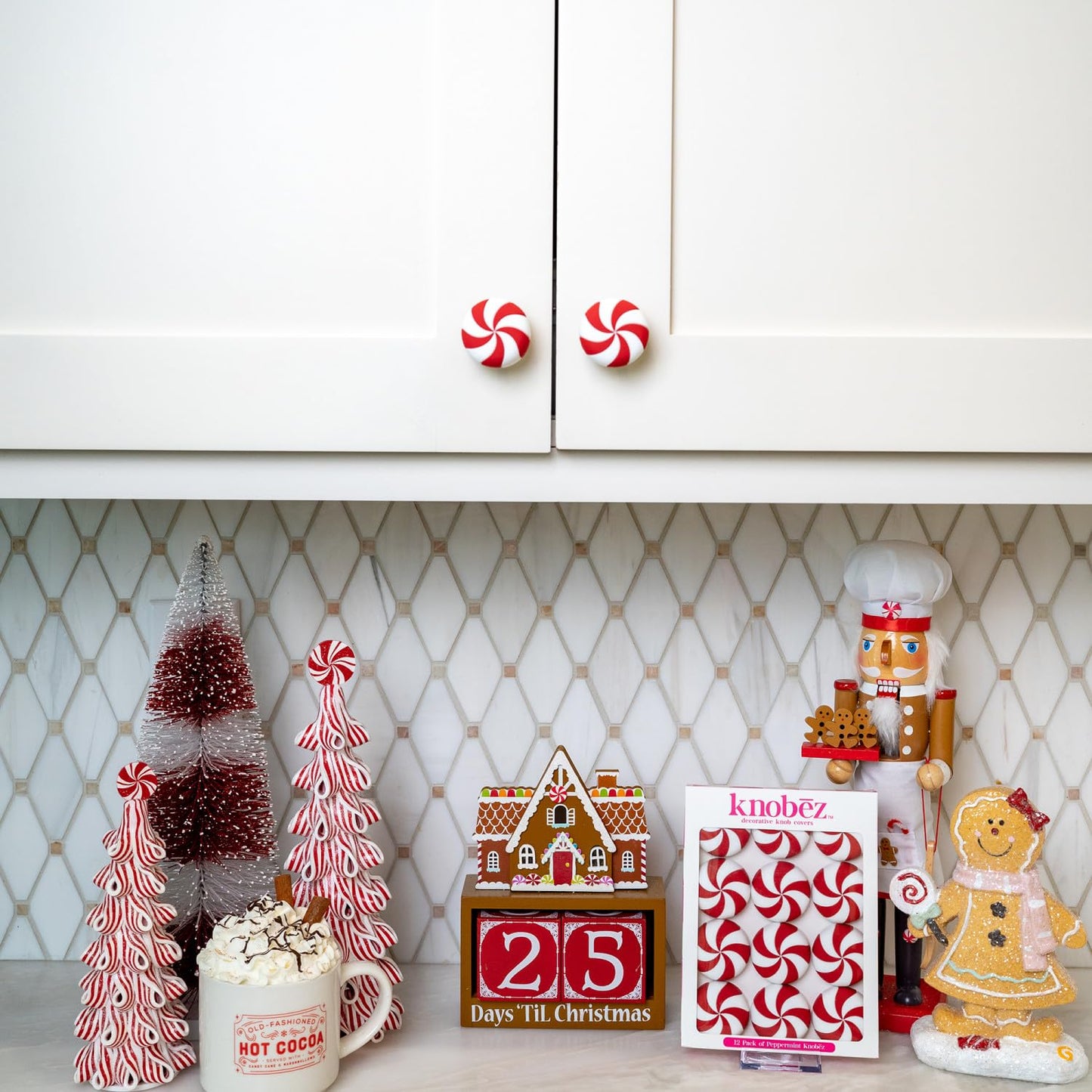 Knobēz: Decorative Knob Covers - Red Peppermint - 12pk - Stretch Over Hardware Decorations, Holiday-Winter-Christmas, Kitchen-Bathroom-Dressers-Home