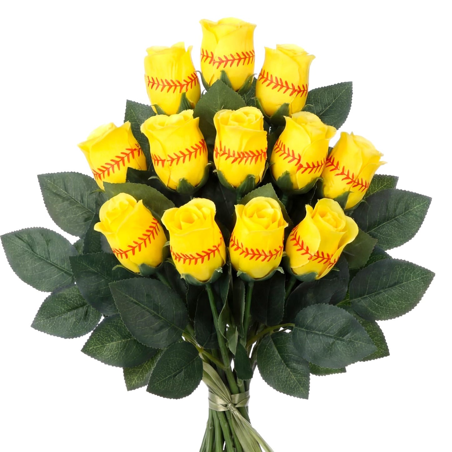 Hotop 12 Pcs Softball Roses with Leaves Artificial Yellow Rose Bouquet for Softball Team Senior Fans Coach Gift Sports Theme Graduation Wedding Party Decoration