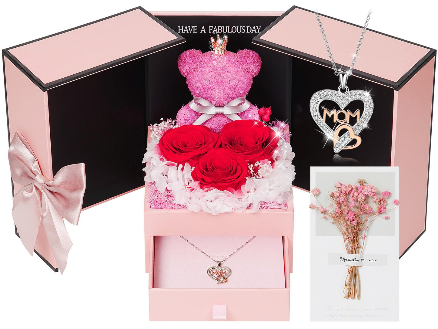 ADDWel Gifts for Mom Birthday - Real Preserved Rose Gift with 925 Sterling Silver Mom Necklace and Cute Teddy Bear, Timeless Elegant Gift from Husband Son or Daughter, Unique Moms