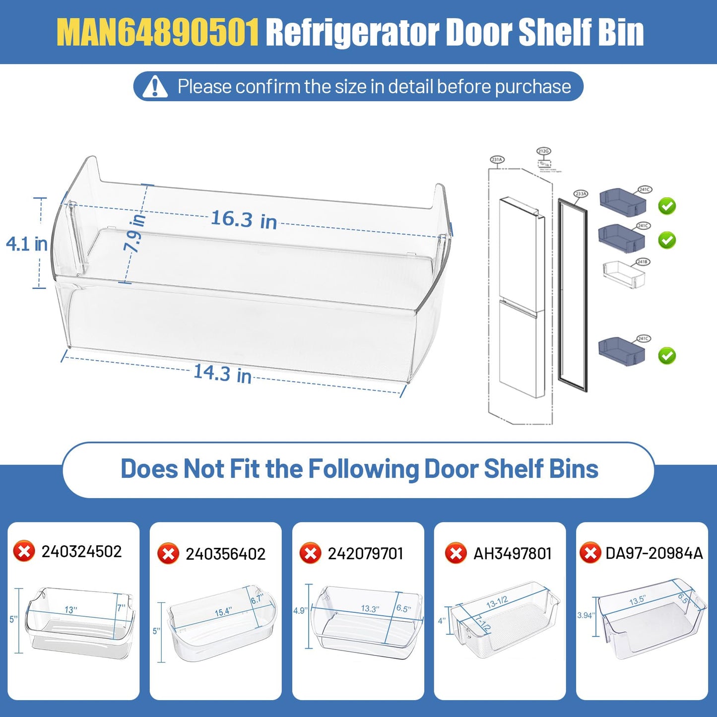 UPGRADED MAN64890501 Refrigerator Door Shelf Bin Compatible With LG Refrigerator Door Bin LRSOS2706S LRSXS2706S LRSXS2706V LRSXS2706W LRSDS2706S Fridge Gallon Shelf Door Basket Replacement Right