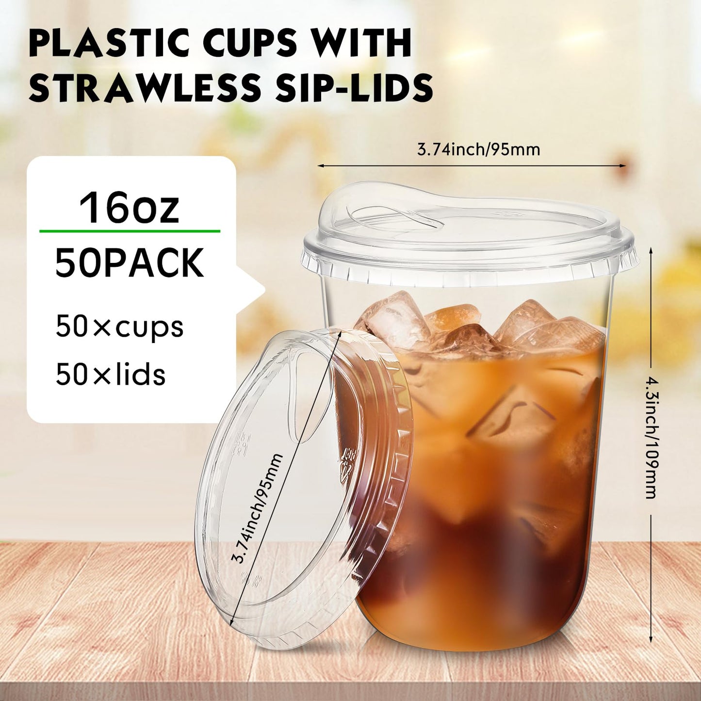 Baderke Clear Plastic Cups with Strawless Sip Lids Disposable Round Bottom Togo Cups for Coffee Smoothie Cold Beverage Coffee Shops and Party Catering(16 oz,50 Pcs)