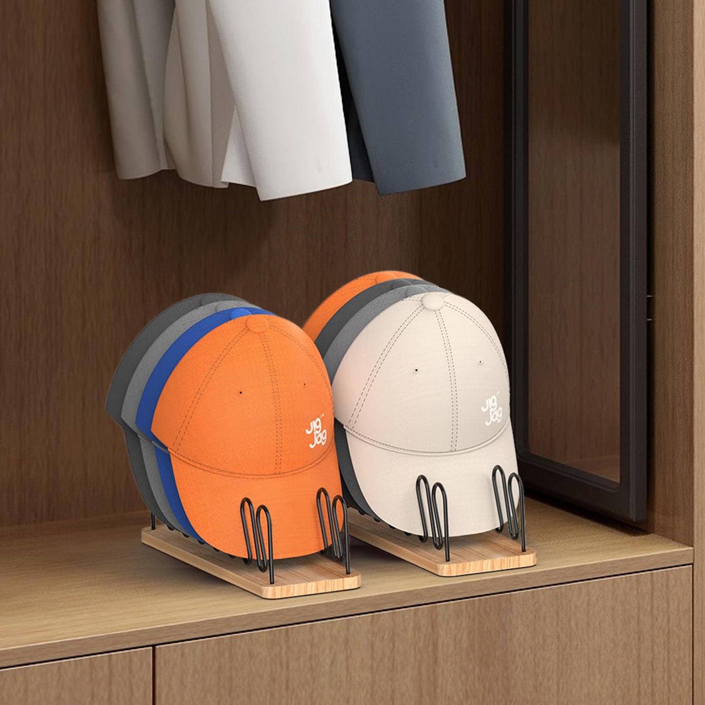 JigJag Hat Organizer for Baseball Caps 2 Pack, Premium Wood and Metal Design Hat Storage for 14 Baseball Caps, Tabletop Hat Racks for Closet, Dresser, Entrance (2PCS)