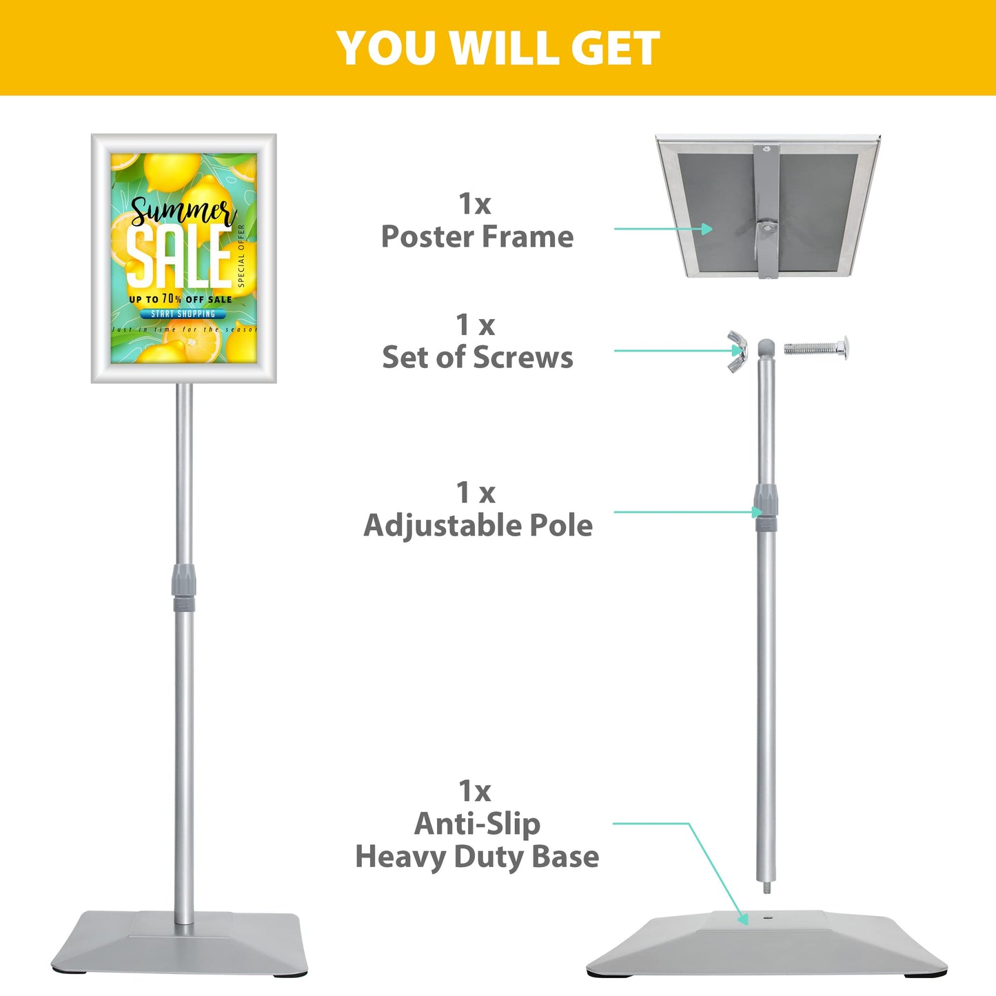 VAIIGO 8.5"x11" Pedestal Poster Sign Stand with Heavy Duty Base, Adjustable Sign Holder Standing Floor Sign Stand for Office,Store,School,Church,Public Sign Displayed Stands, Silver