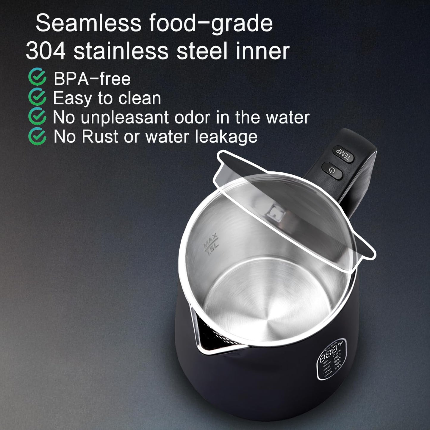 QUAXWELL 1.5L Electric Kettle Stainless Steel, Double Wall Cool Touch Teapot, Fast Boil, Precise Temperature Control, LCD Display, Auto Shut-Off, BPA-Free,Keep Warm Function, Ideal for Tea,Black