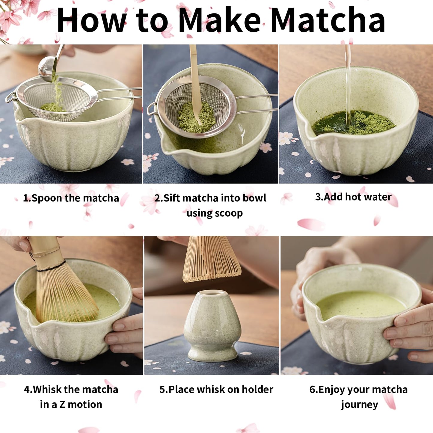 8 Pcs Matcha Whisk Set - HTRCXB Matcha Set with Ceramic Bowl, Bamboo Whisk & Holder, Scoop, Sifter, Measuring Spoon, Scoop Rest & Tea Towel, Complete Gift Kit for Beginners & Tea Lovers