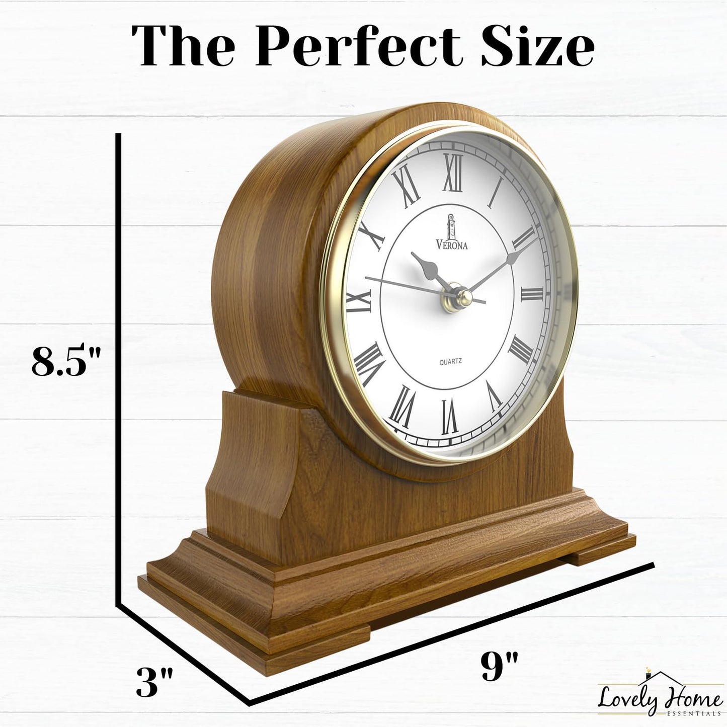 Mantel Clock for Living Room - Decorative Wood Mantle Clock Battery Operated - Silent Wooden Mantle Clock for Living Room Decor Above Fireplace Mantel, Office, Table, Shelf & Home Décor Gift 9x8.5