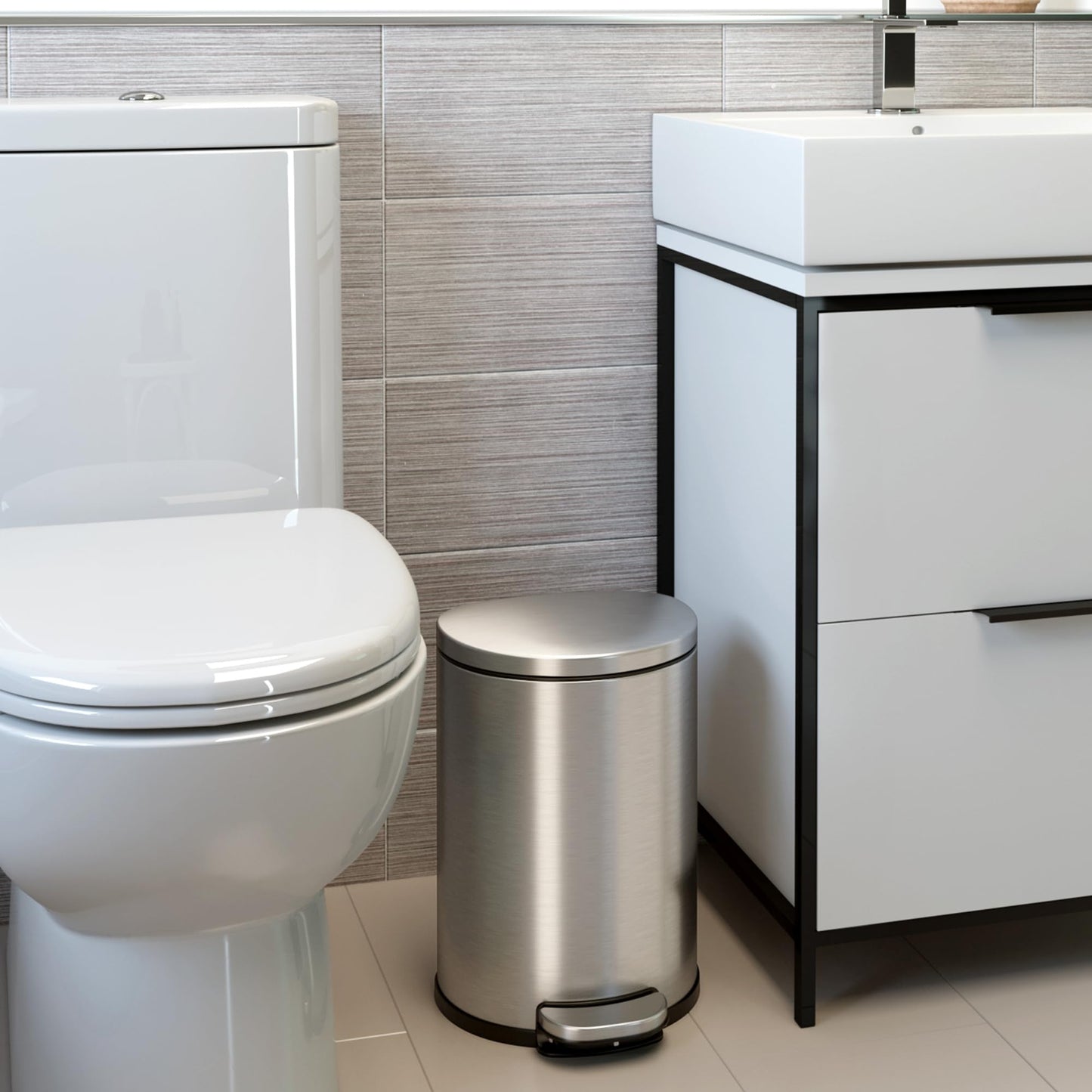 iTouchless SoftStep 2 Gallon Small Semi-Round Bathroom Step Trash Can with Removable Inner Bucket and AbsorbX Deodorizer, Stainless Steel, 7 Liter Pedal Garbage Bin