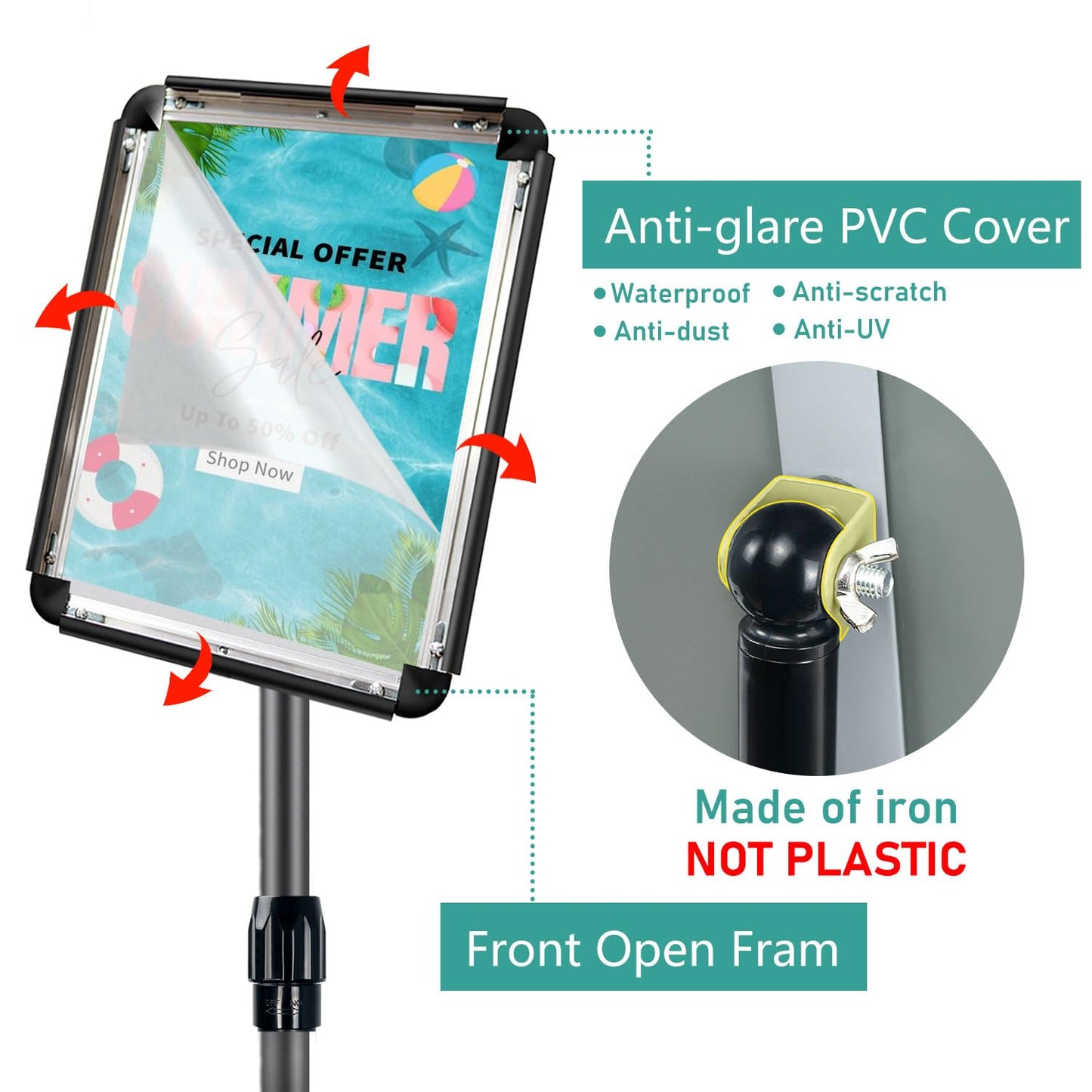 Sign Holder Stand with Rounded Safety Corners, Adjustable 31" to 52" Sign Stand Heavy Duty Floor Standing Poster Holder, Water/Sand Fillable Base for Storefront & Indoor Use, Anti-Glare Display for Signs (Black, 8.5*11 - 1 Pack)
