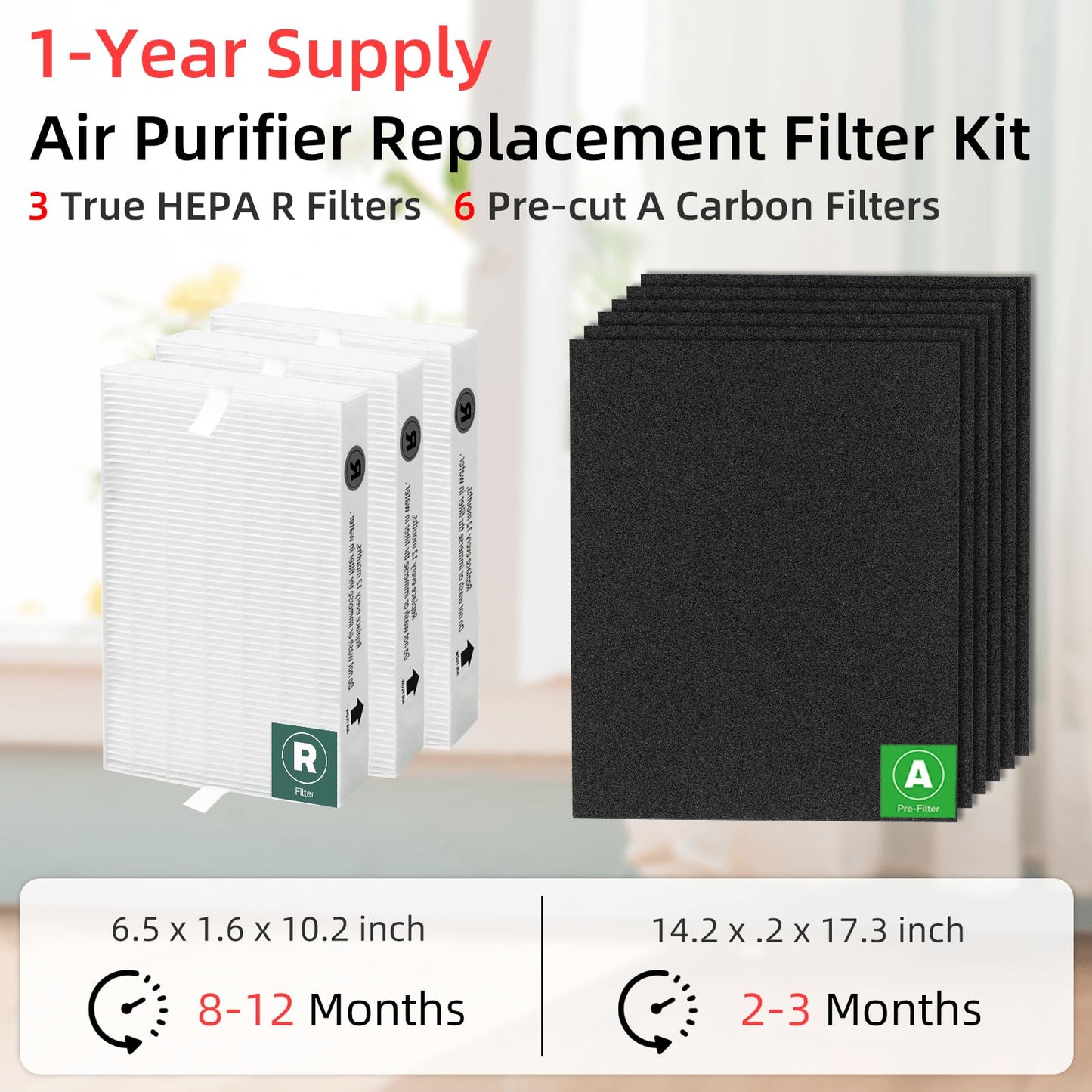 HPA300 Replacement Filters for Honeywell Air Purifiers HPA300 Series, HPA300, HPA304, HPA3300, HPA5300, HPA5350, HPA8350, Part HRF-R3, 3 R Filters and 6 Pre-cut A Carbon Pre-filter by APPLIANCEMATES