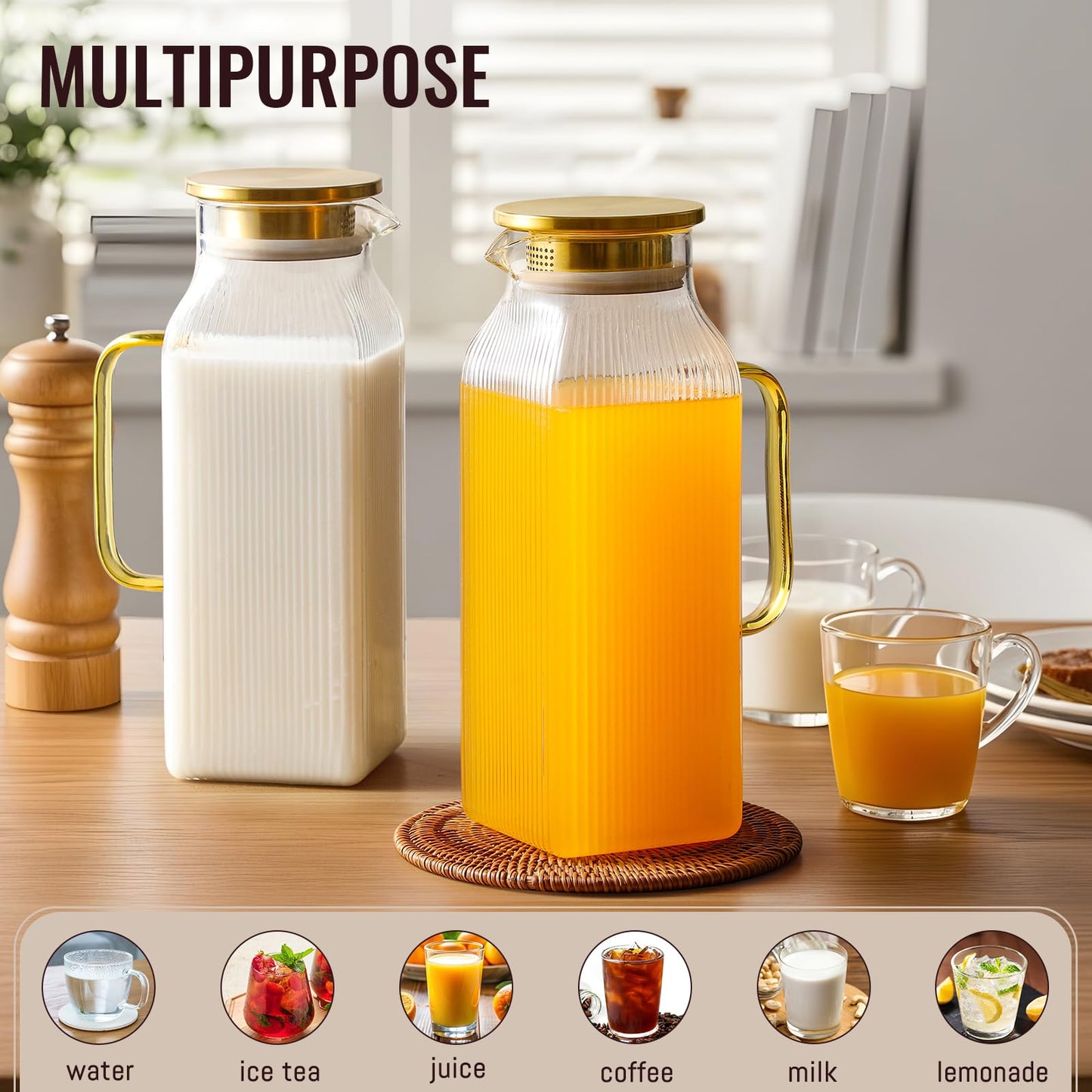 2 Pack 2 Liter/68 oz Square Glass Pitcher with Lid, Classic Stripes Water Pitchers with Handle for Fridge, Large Jug for Iced Tea, Coffee, Borosilicate Glass Carafe for Hot/Cold Brew Drink, Gold