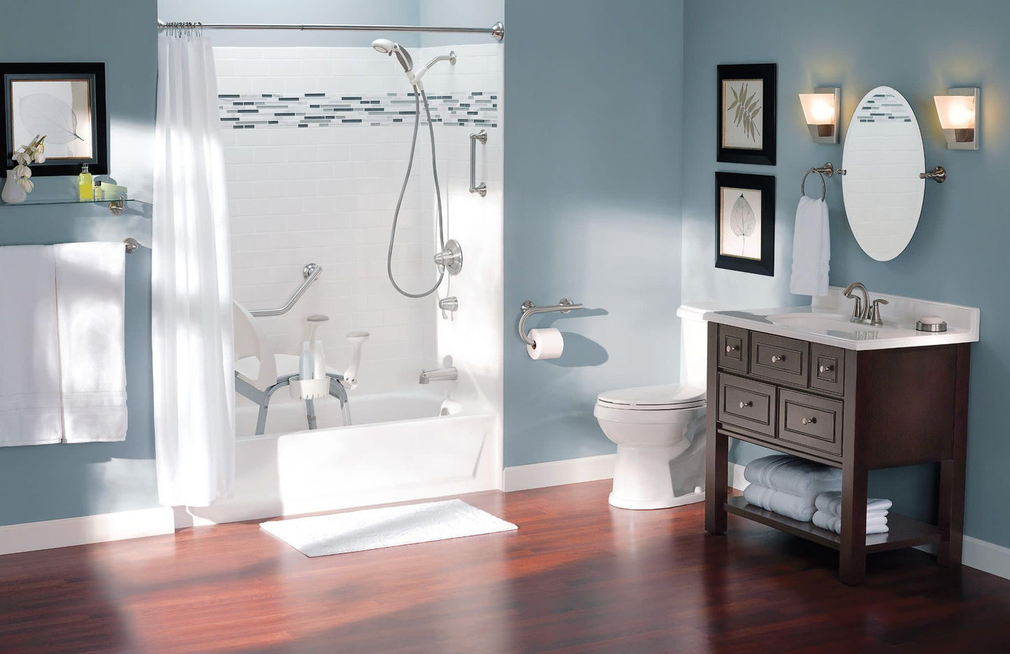 Moen Brushed Nickel Bathroom Safety 8-Inch Wall Mounted Grab Bar with Integrated Toilet Paper Holder, LR2352DBN