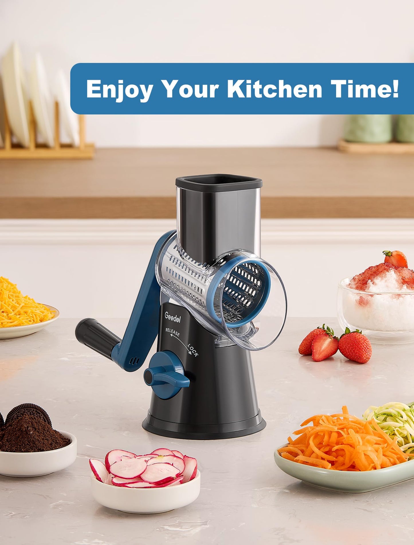 Geedel Rotary Cheese Grater Cheese Shredder - Upgraded 5-in-1 Cheese Grater with Handle and Strong Suction Base, Multi-purpose Vegetable Slicer Ice Shaver Nuts Grinder for Cheese, Vegetables, Ice
