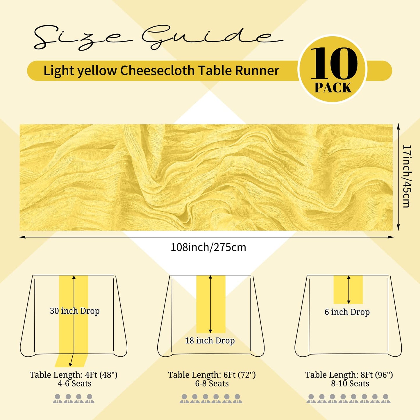 10 Pack Light Yellow Cheesecloth Table Runner 17x108 Inch Semi Sheer Boho Gauze Cheese Cloth Table Runners, for Wedding Bridal Shower Birthday Party Home Decor Garden Farmhouse