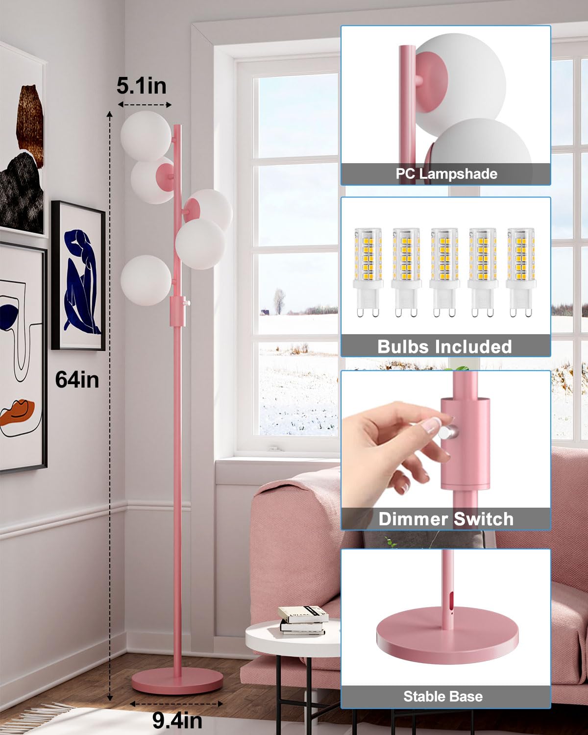 ACOHOOK 64IN Dimmable Pink Floor Lamp, Tall Standing Lamps with 5 Globe Soft Warm White Eye Care 3000K G9 Bulbs, Mid Century Modern Floor Lamp with 5Lbs Heavy Base for Living Room Bedroom Office