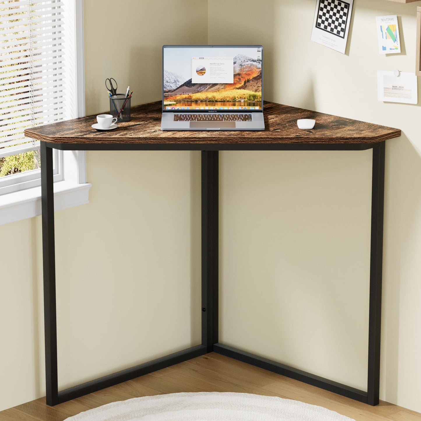 VECELO Ϲоrnеr Desk, Corner Tables for Living Room for Small Space Triangle Computer Desk with Steel Frame Ϲоrnеr Shelves with Metal Frame Ϲоrnеr Writing Desk for Workstation Retro Brown 33.1"