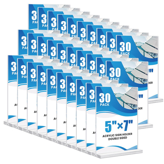 30 Pack Acrylic Sign Holder 5x7, Clear Double Sided Tabletop Menu Display, Desktop Flyer Stand with Vertical Base, Plastic Paper Picture Frame Holder Suitable for Restaurants Office Store Show Fair