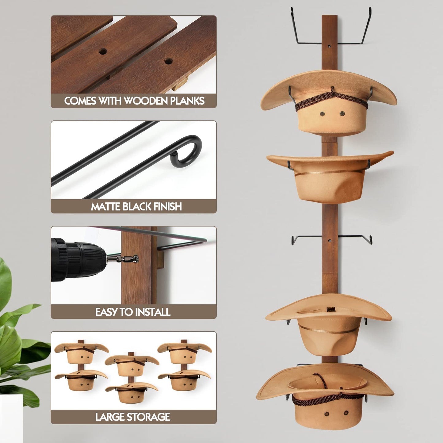 TIPSYTREE Cowboy Hat Holder, 3-Piece Wall Mount Cowboy Hat Rack for Wall Holds up to 6 Hats – Wooden + Metal Rustic Western DIY Hat Racks for Wall Storage and Home Décor