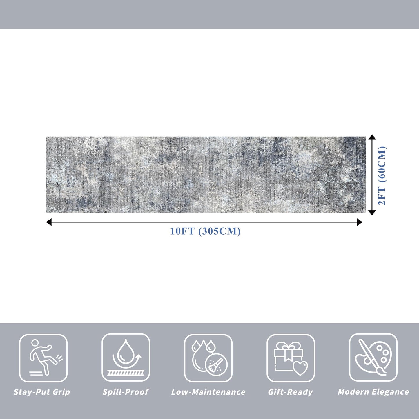 2x10 ft Washable Hallway Runner Rug – Non-Slip Stain-Resistant Low-Pile Long Carpet Runner for Kitchen Entryway Living Room Bedroom Bathroom, Modern Abstract Neutral (Blue Gray,2x10)