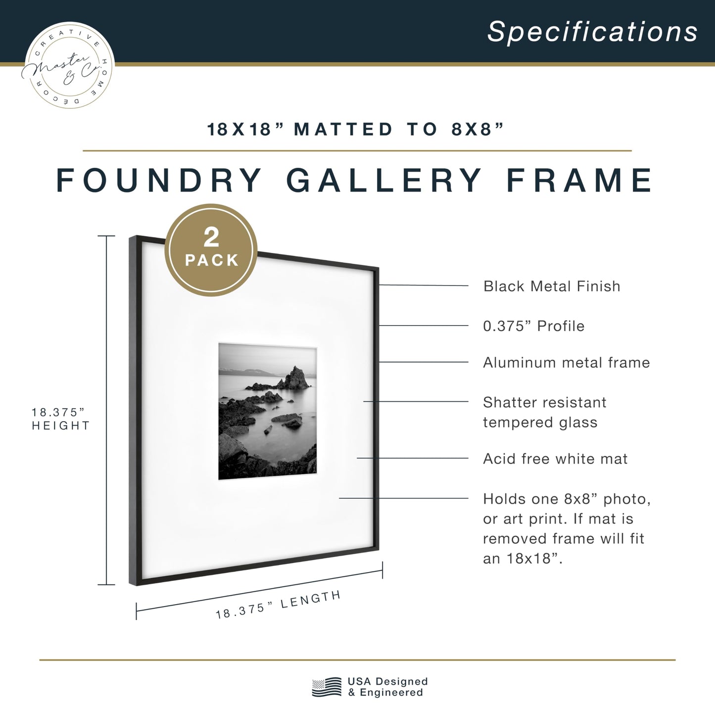 MCS Master & Co. Foundry Metal 18x18 Matted Picture Frame with 8x8 Photo Display, Black Vertical & Horizontal Wall Hanging Frame for Photos & Artwork (2-Pack)