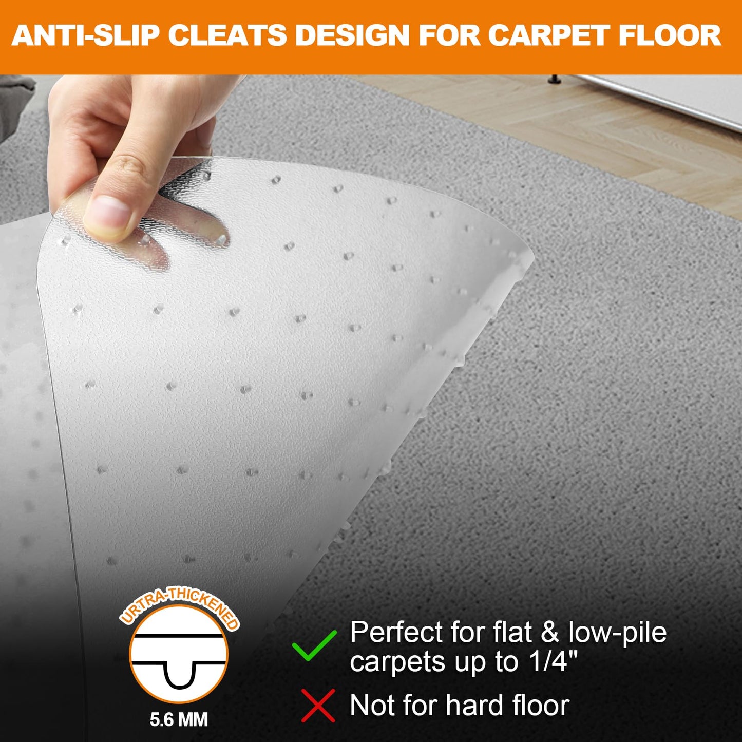 Thickened Chair Mat for Carpet- Low Pile Carpet Protector for Office Computer Desk Chair. Heavy Duty Desk Chair Mat for Carpeted Floors. Clear (with Lip, 47.5"X35.5"X0.15“)