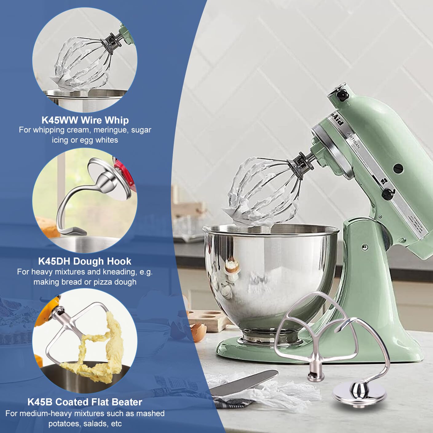 4.5-5 Qt Stand Mixer Attachments for Kitchenaid K45DH Dough Hook K45B Flat Beater K45WW Wire Whip Whisk Kitchen Aid Accessories for KitchenAid 4.5-5 Qt Tilt-Head Stand Mixers,Stainless Steel