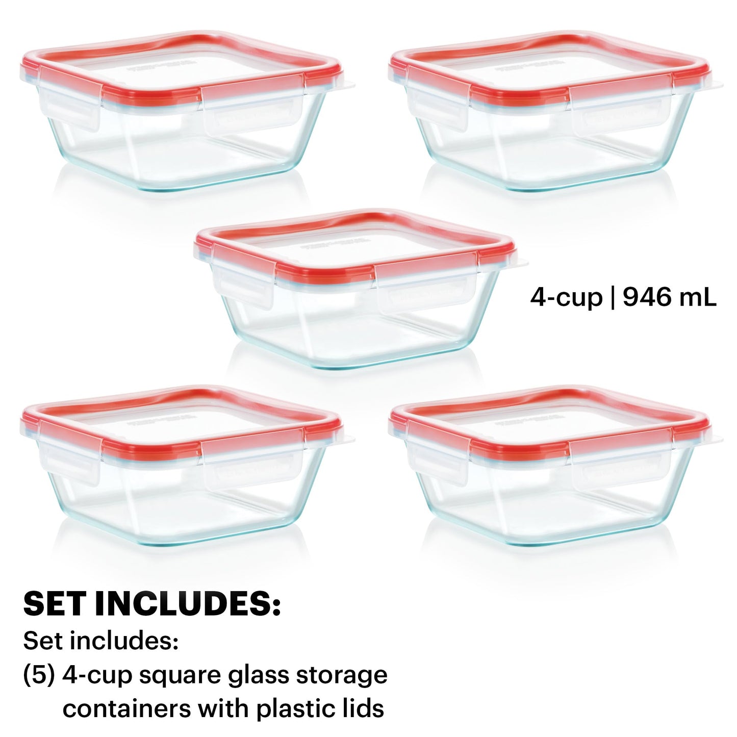 Pyrex Freshlock (5-Pack, 4 Cup) Glass Food Storage Containers Set, Airtight & Leakproof Plastic Locking Lids BPA-Free, Meal Prep Containers Set, Freezer Dishwasher Microwave Safe