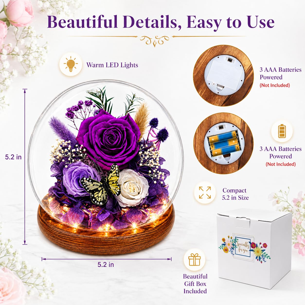 Purple Rose Birthday Gifts for Women | Forever Rose Graduation Gift for Her | Gift for Mom Grandma Sister Daughter Wife Birthday | Fresh Flowers for Delivery Prime Real Flowers in Glass Dome