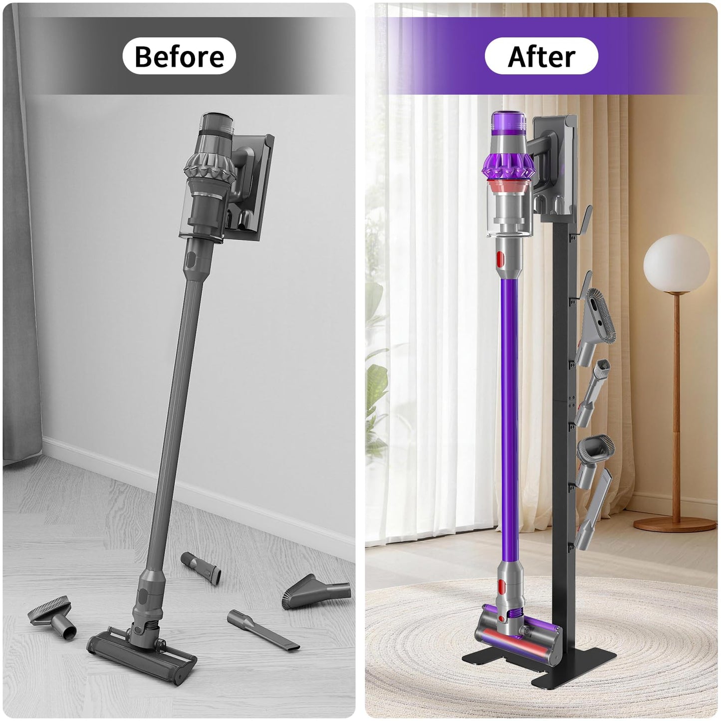XIGOO Heavy-Duty Dyson Vacuum Stand for Gen5detect V15 V12 V11 V10 V8 V7 V6, Freestanding Vacuum Stand for Dyson Cordless Vacuum, Metal Docking Station with 6 Hooks, No-Drill Organizer, Black