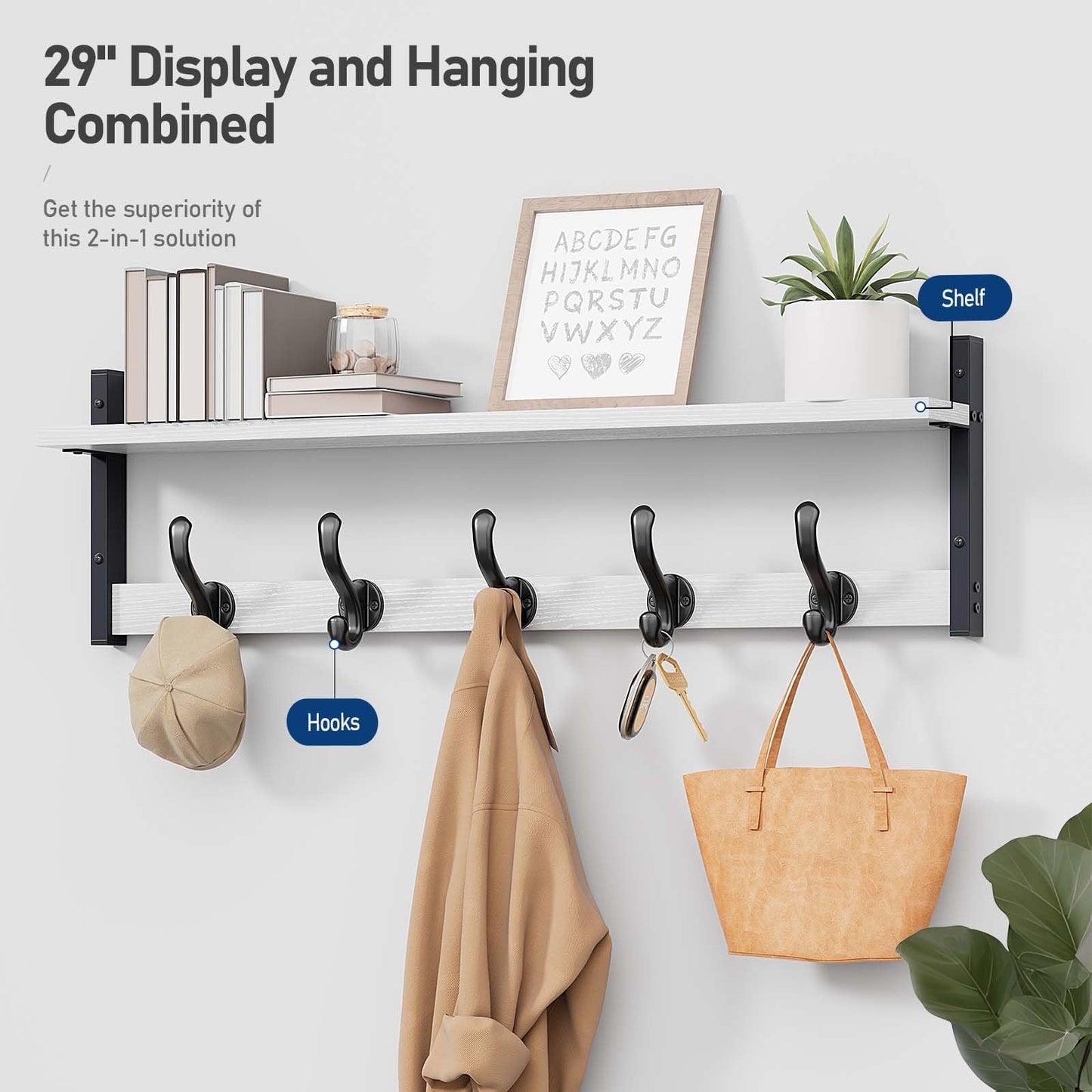 Tatub 29" Coat Rack Wall Mount with Shelf, Entryway Wall Hooks with Shelf, Coat Hangers for Bathroom, Living Room, Bedroom, Rustic White