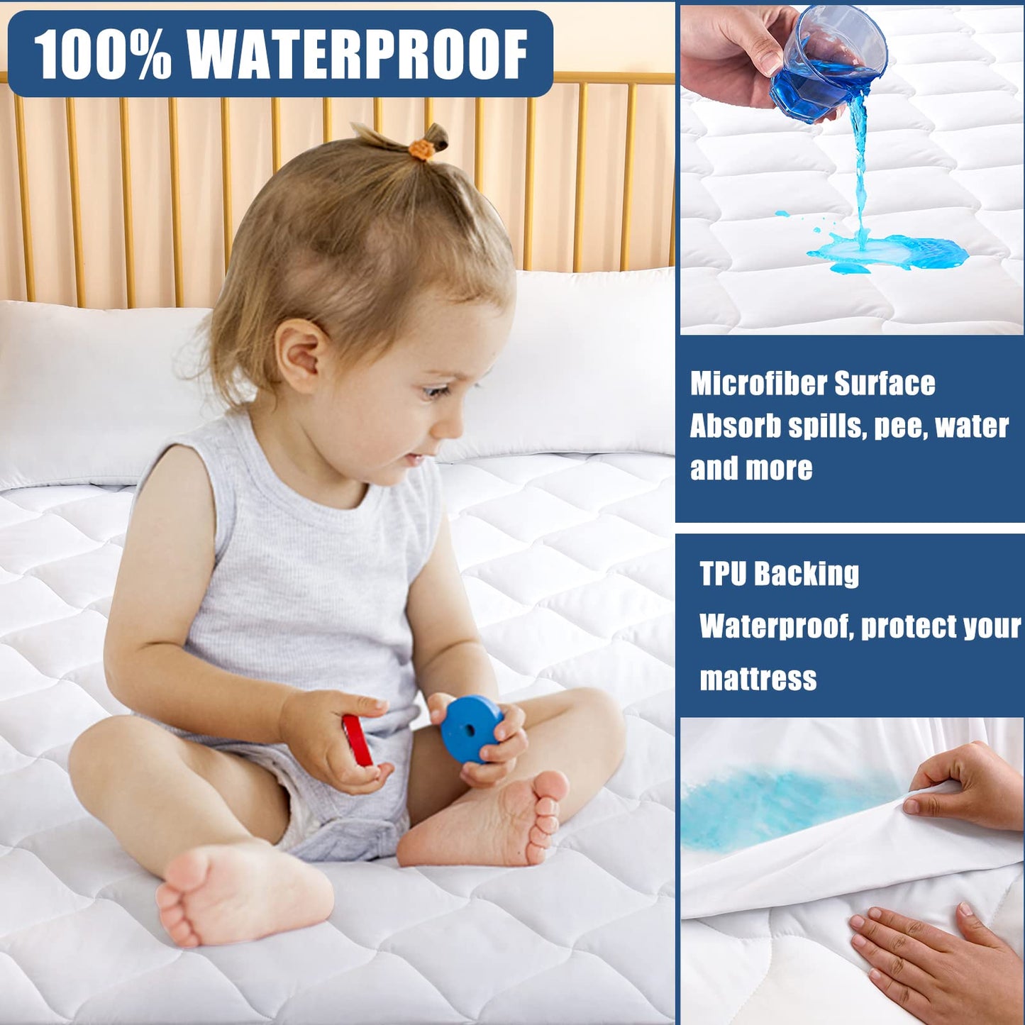 King Size Quilted Fitted Mattress Pad, Waterproof Breathable Cooling Mattress Protector, Stretches up to 21 Inches Deep Pocket Hollow Cotton Alternative Filling Noiseless Mattress Cover