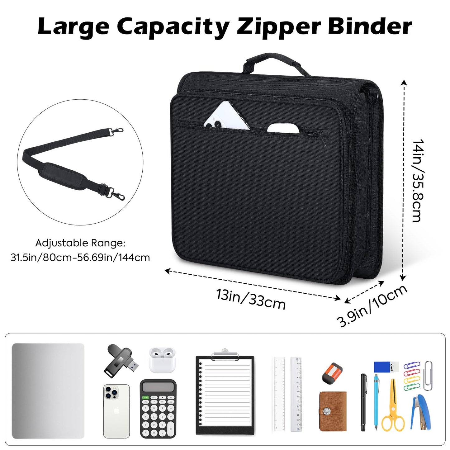 MoKo Zipper Binder, 2 Inch 3 Ring Binder with Multi-Pocket, 500 Sheet Capacity 5 Tab Expanding File Folder, Zipper Bag for School Office, Handle & Shoulder Strap, Black