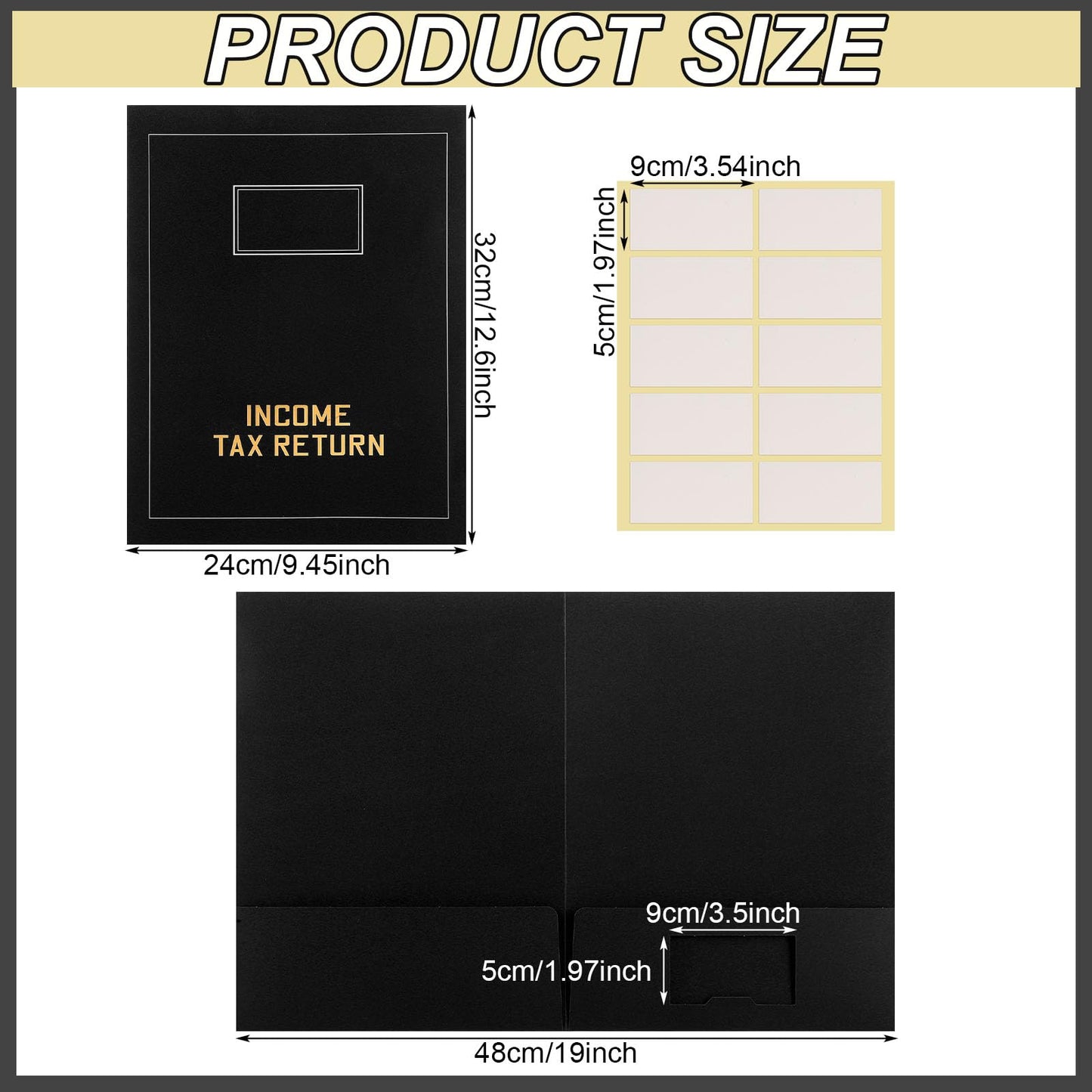 Kisston 50 Pcs Tax Return Folders Bulk 2 Pocket Gold Foil Stamped Income Tax Folders with Labels Business File Office Blank Organizer (Black)