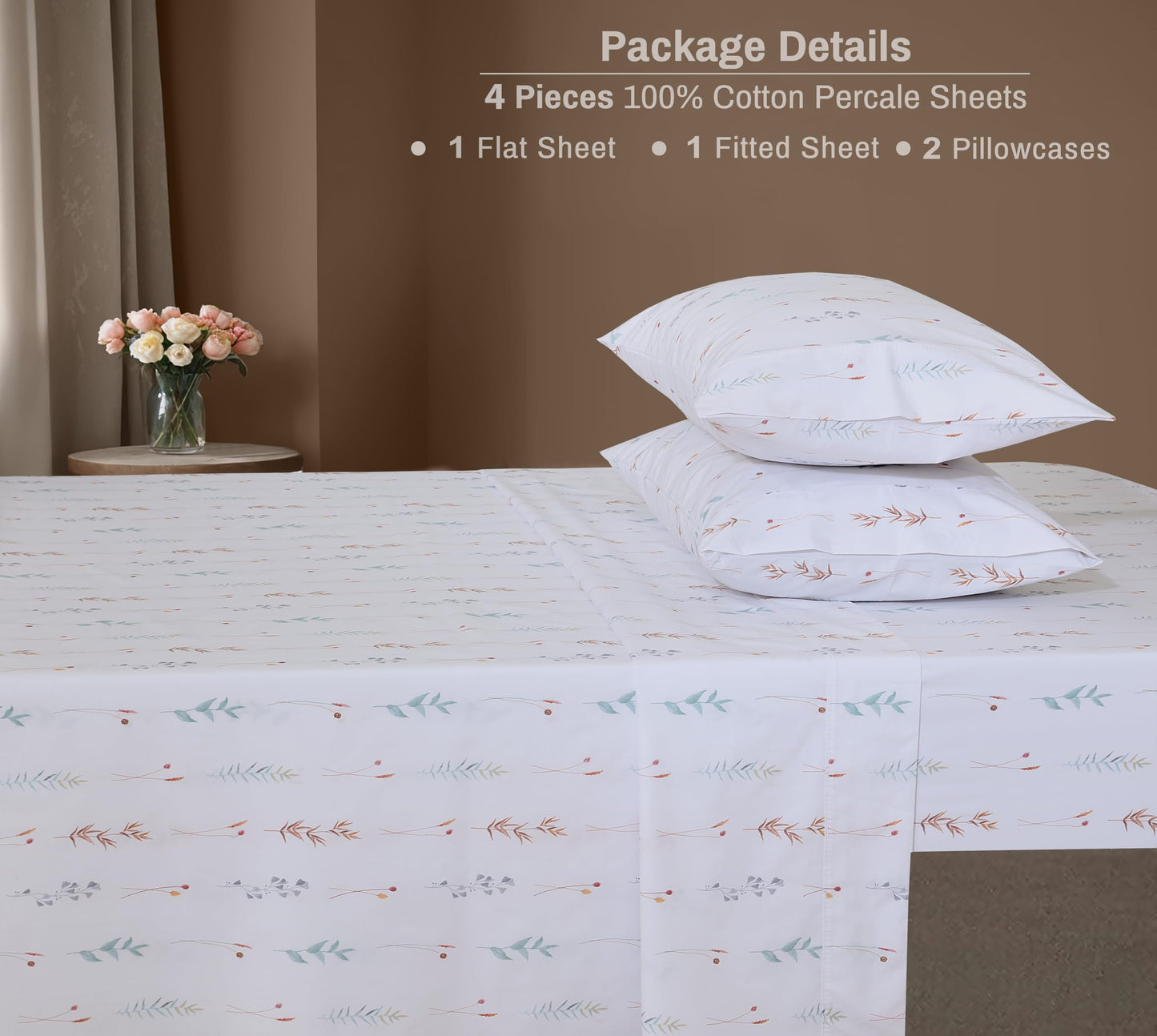 ZOYER 100% Cotton Percale Sheets Queen – Cooling Breathable Bed Sheets for Hot Sleepers, Crisp Hotel Style Bedding, Deep Pocket 16”, Lightweight Soft Durable 4 Pcs Sheet Set, Fairy Meadows