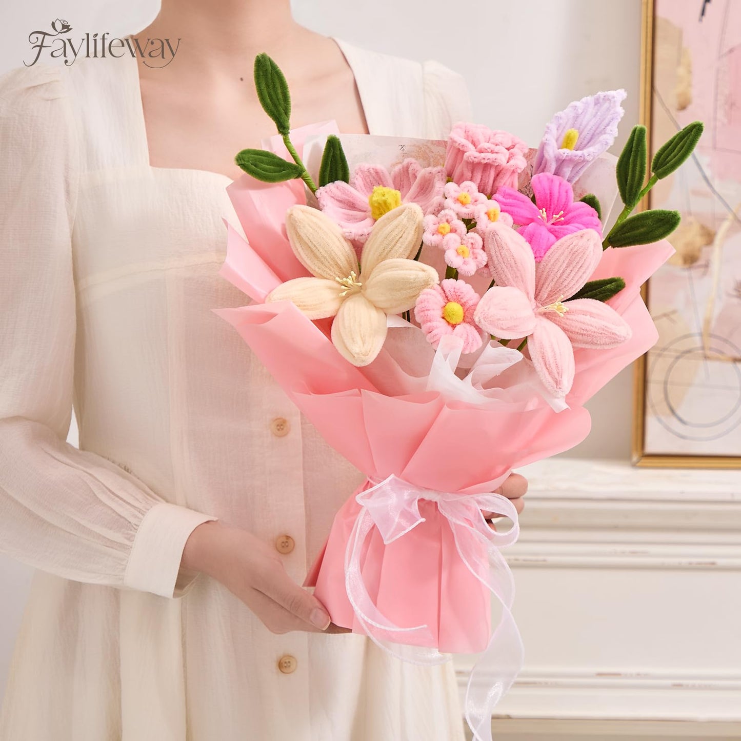 Faylifeway Pipe Cleaner Flower Bouquet Already Made, Pink Chenille Stem Flowers, Flower Bouquet for Mom Women, Birthday Anniversary Graduation Gift(Include Card)