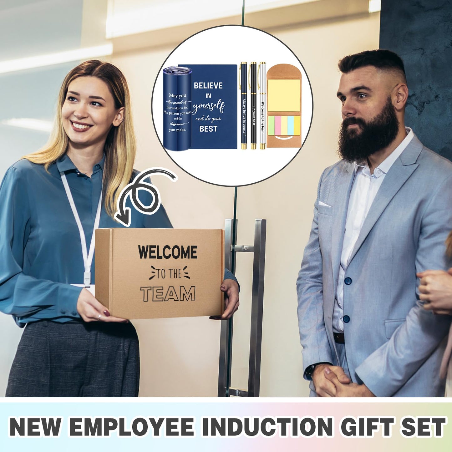 Teenyyou 7 Pcs New Employee Welcome to The Team Gift Set for Him or Her Welcome to The Team Gift Box Holiday Gifts Include 20oz Tumbler Notebook Pens and Sticky Note for New Employee Worker(Blue)