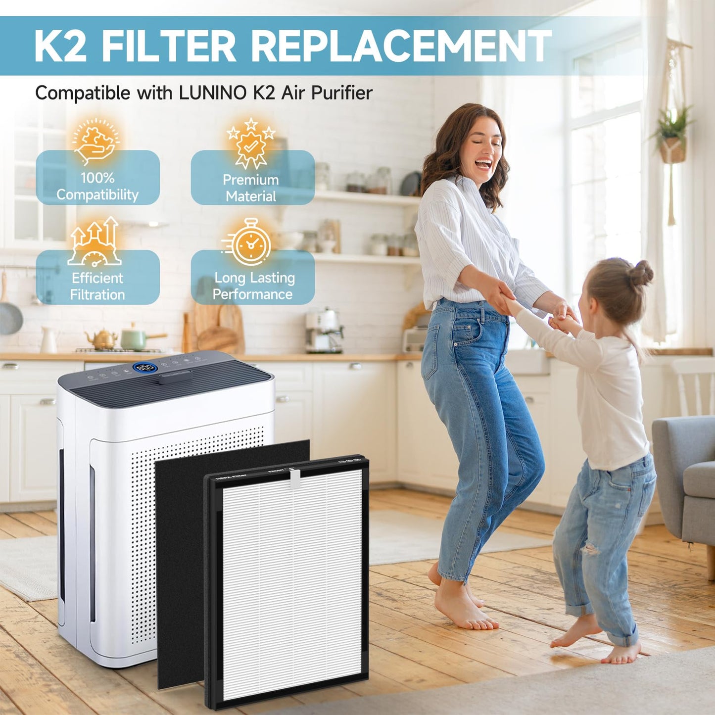 4 Pack K2 Replacement Filter Compatible with LUNINO K2, Double-Sided Filters for Home Large Room up to 3000sq.ft, H13 True HEPA and Activated Carbon Filter