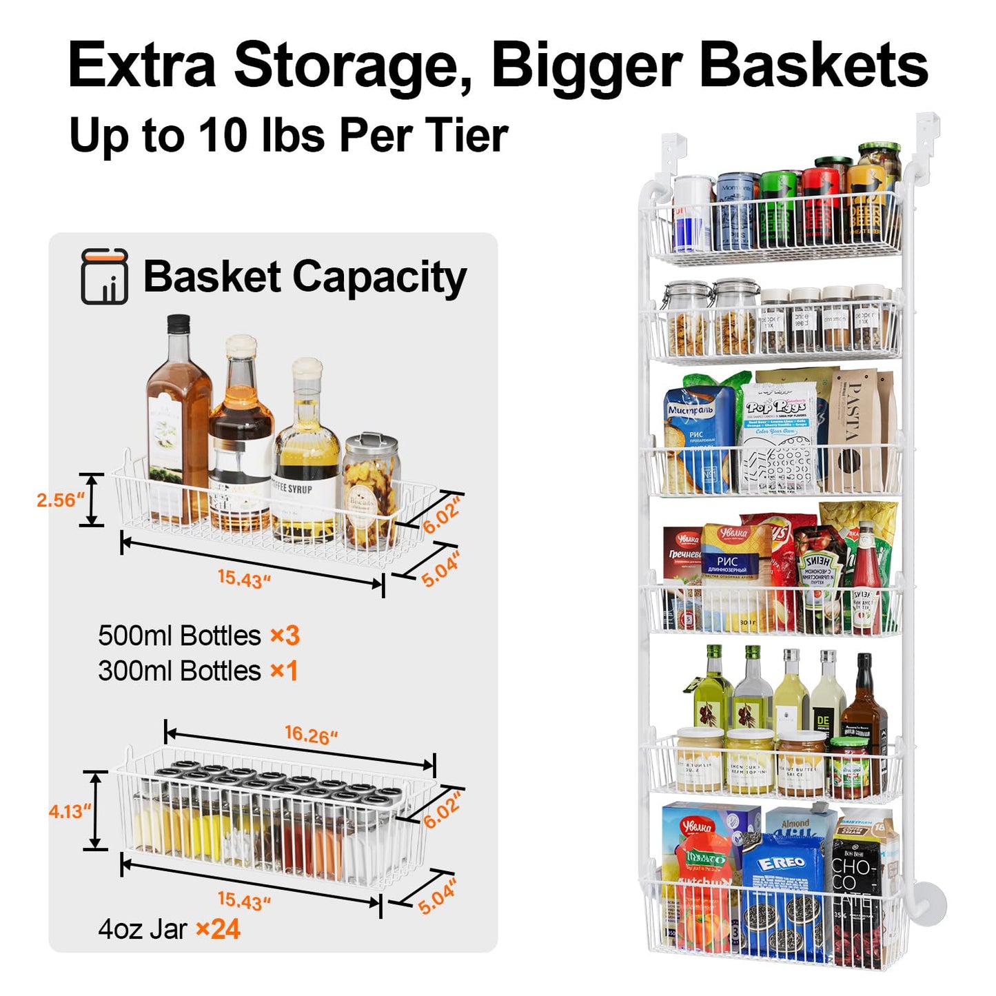 Delamu Large Over the Door Pantry Organizer, 6-Tier Metal Pantry Door Organization and Storage for Easy Install, Hanging Spice Rack Seasoning Shelves for Cabinet & Kitchen, D6.7xW17.5xH53.7 in, White