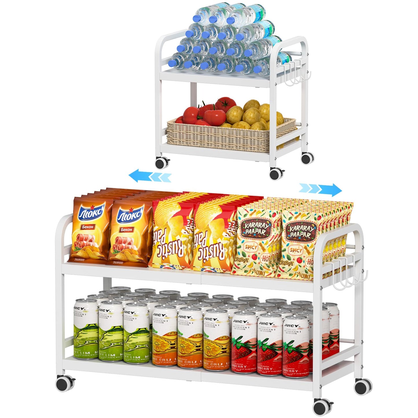 DAOUTIME 2-Tier Expandable Rolling Cart, Pantry Storage Cart with Wheels, Adjustable Rolling Pantry Floor Organizer, Metal Under Desk Cart, Sturdy Can Storage & Snack Organizer for Kitchen Pantry