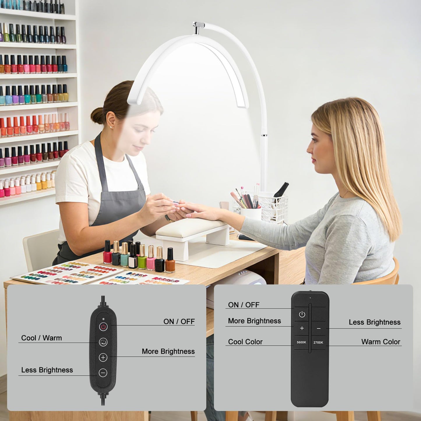 ZEKAHOV Half Moon LED Floor Light - Professional Shadow-Free Lamp for Lash Techs, Estheticians & Tattoo Artists | Dimmable for Eyelash Extensions, Nail Art, Home & Office (White)