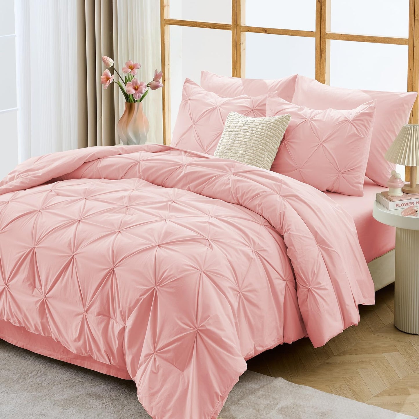 JOLLYVOGUE Queen Comforter Set 7 Pieces - Bed in a Bag Queen for All Season, Pintuck Bedding Comforter Sets with Comforter, Flat Sheet, Fitted Sheet and Pillowcases & Shams, Pink