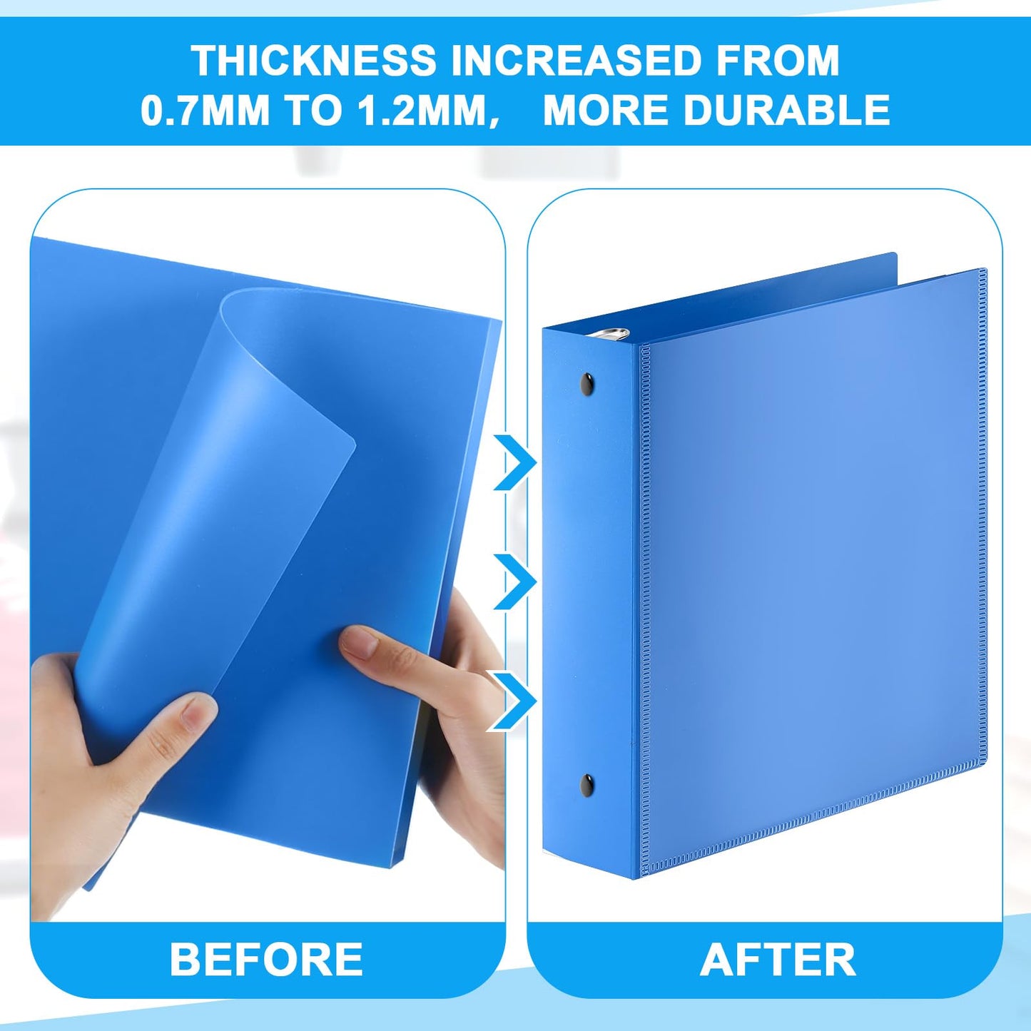 Henoyso 12 Pcs 1 Inch 3 Ring Flexible Poly Binders Bulk, Blue Plastic Telescoping 3 Ring Binder with Clear Front Cover and 2 Inner Pockets, Holds 240 Sheets 8.5"x11" Paper for School Office Home