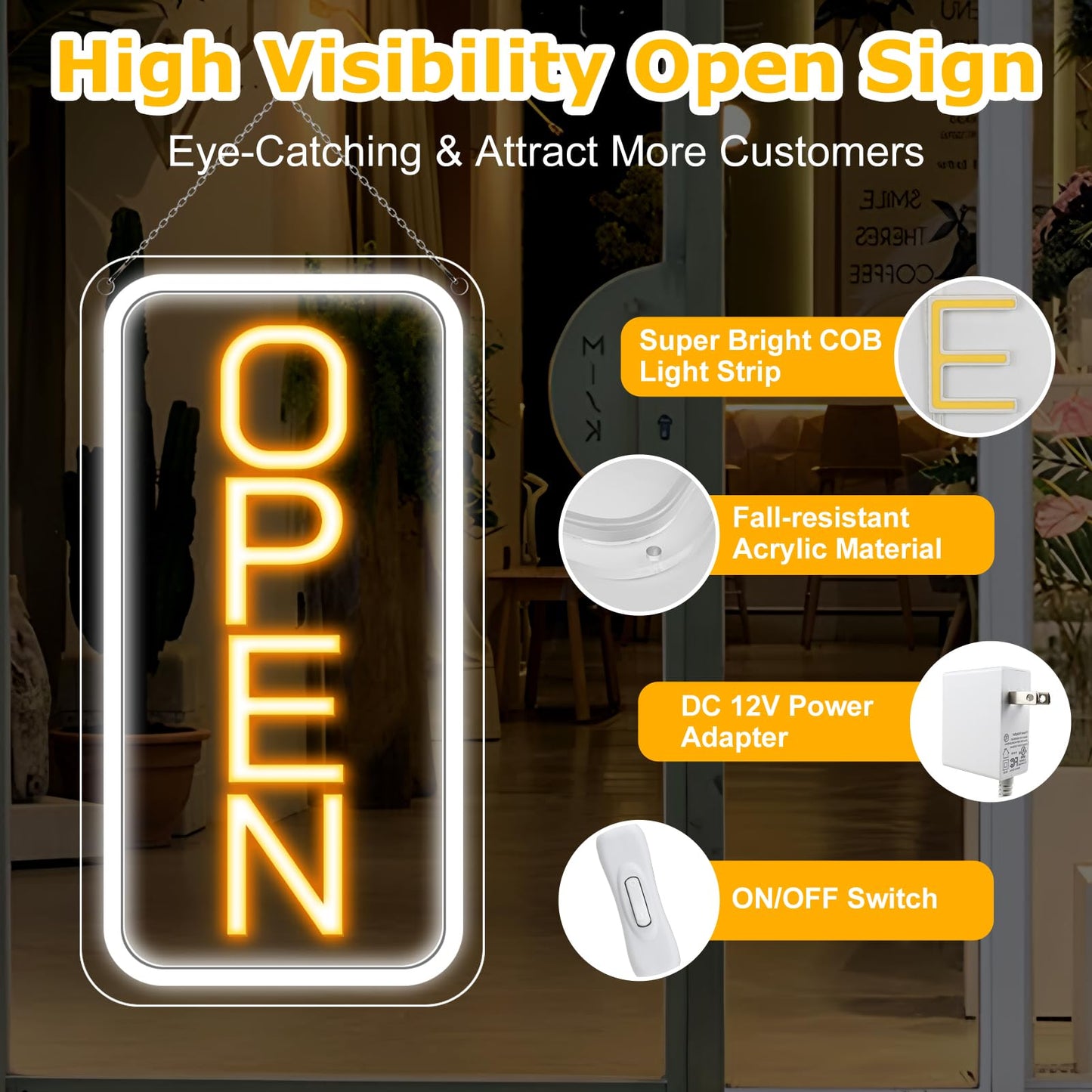 inShareplus 16"x 9" Super Bright Open Sign,12V LED Neon Open Signs for Business for Window, with ON/OFF Switch, Electric Light up Signs for Stores, Restaurants Retail Shops (Yellow-White-Vertical)