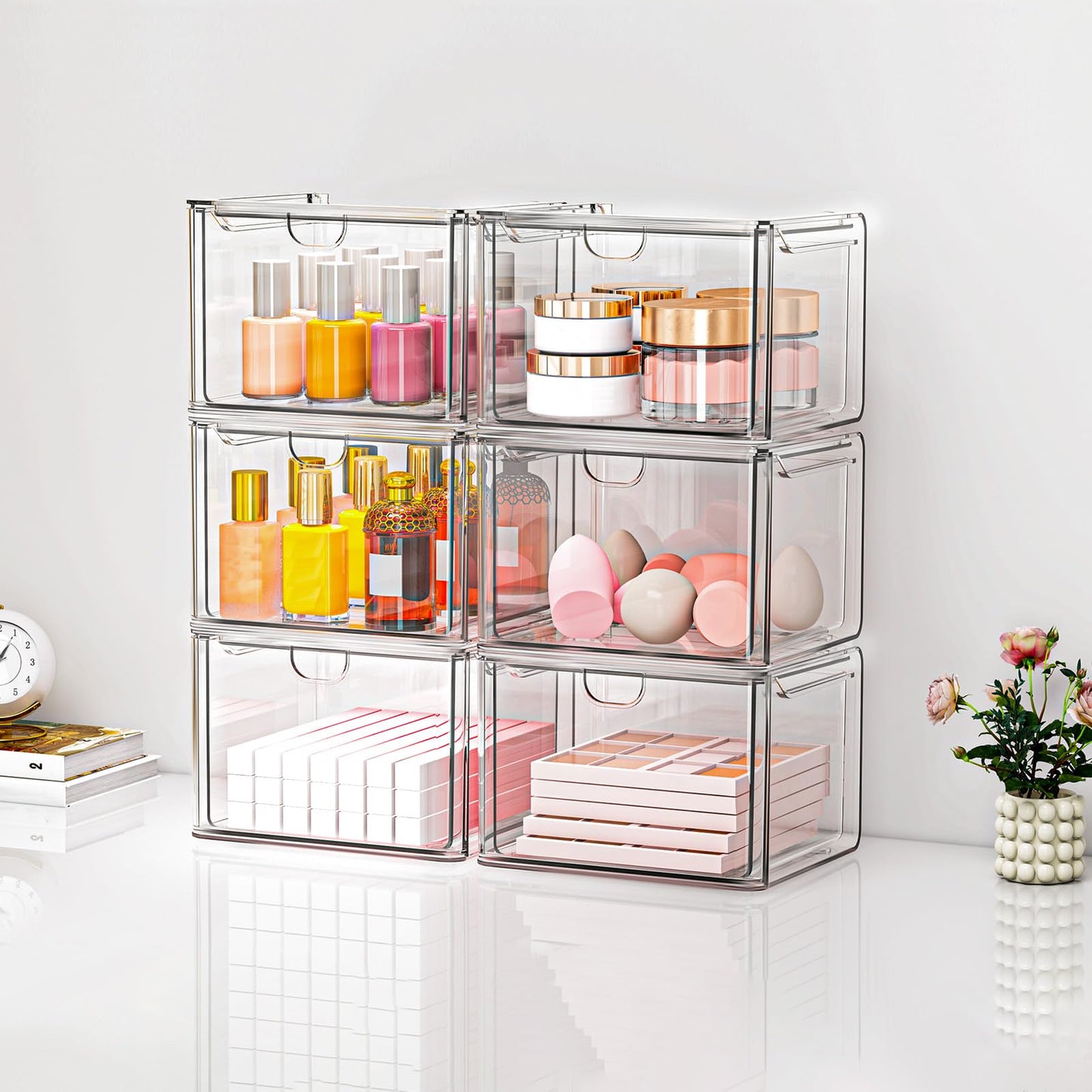 caktraie 6 Pack Small Clear Stackable Acrylic Storage Boxes for Art Tool & Sketch, Stroage Drawers, Makeup Organizer, Plastic Storage Bins For Vanity, Kitchen Cabinets, Pantry, Home Organization
