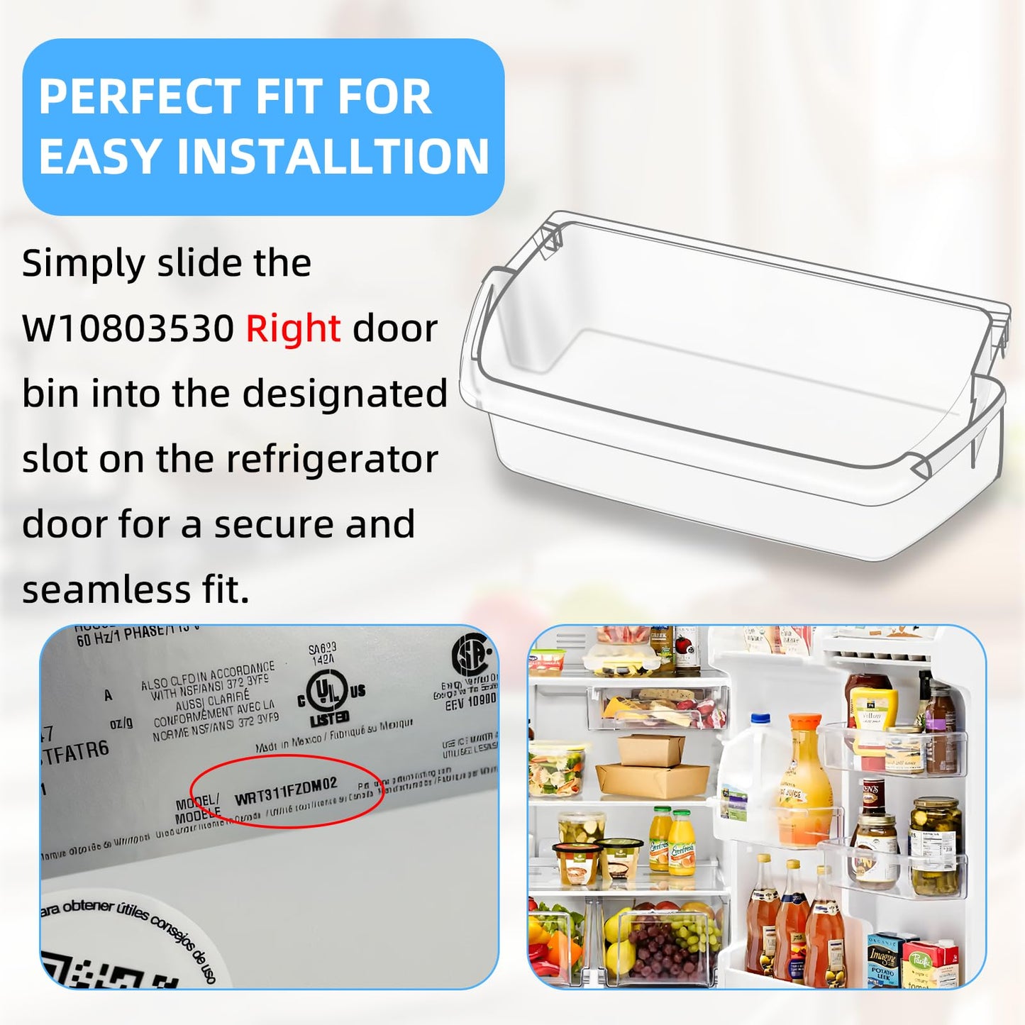 UPGRADED W10803530 W10582649 Door Shelf Bin WRT311FZDW01 Parts Compatible with Whirlpool Refrigerator Door Shelf AP5982593 PS11703474 WRT311FZDW00 WRT311FZDM00 WRT311FZDM01 WRT311FZDW02 Door Shelves