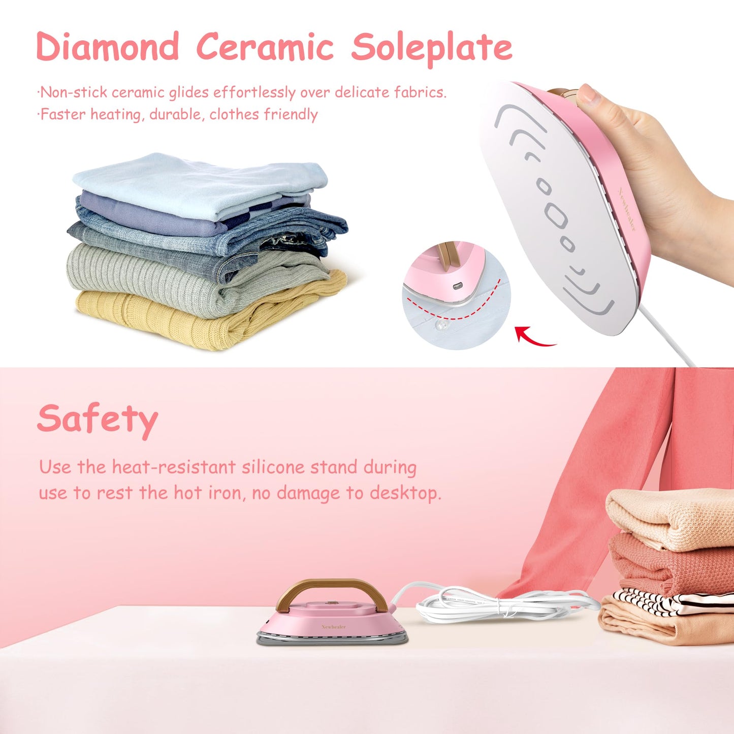 Newbealer Travel Iron with Global Voltage, 100-240V Mini Dry Iron for Clothes (No Steam), Max 300W, 60s Heat Up, 302℉ Non-Stick Ceramic Soleplate, 0.8lbs Ultra-Lightweight (Pink)