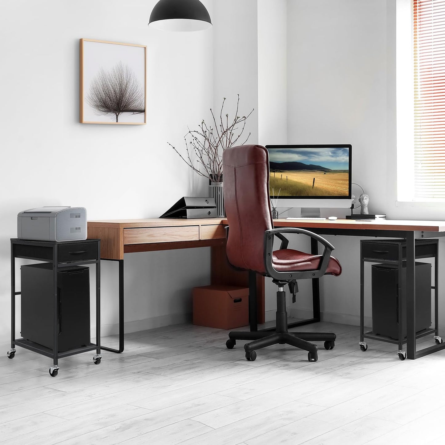 YBING PC Stand 2 Tier Computer Tower Stand with Drawer Mobile Computer Cart with Storage Metal CPU Holder on Wheels Pc Tower Stand Black Rolling Computer Tower Stand Floor for Office