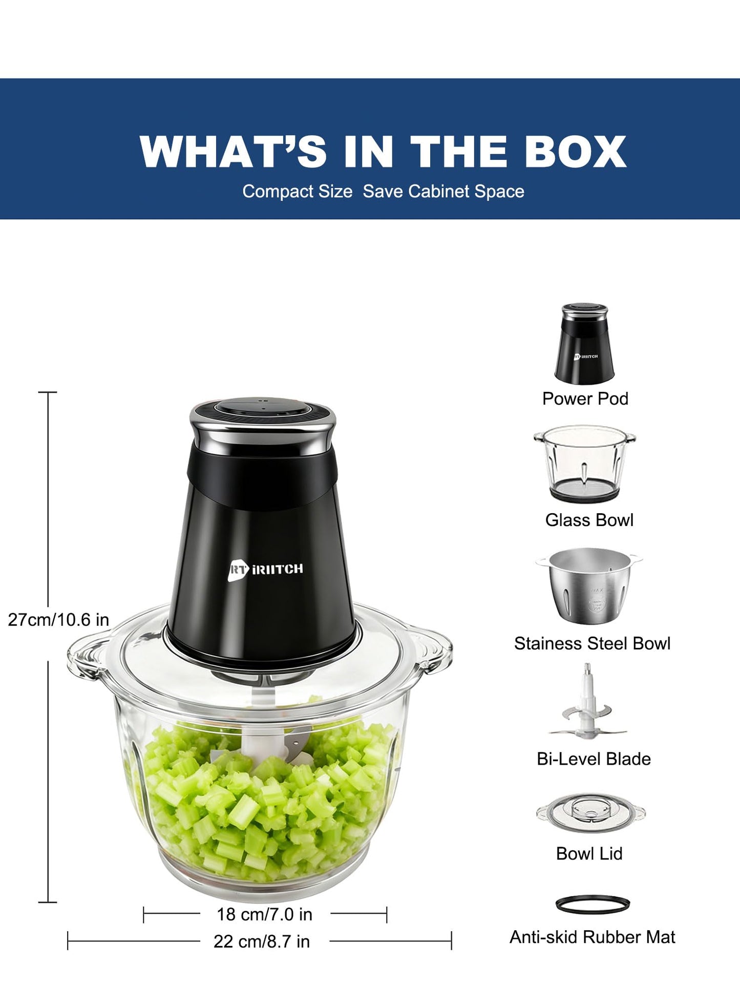 Food Processor, 500W Electric Food Chopper with 2 Bowls (10 Cup+5 Cup) & 2 Bi-Level Blades&, Small Meat Electric Grinder Processor for Meat, Vegetable, Onion, Garlic, Nuts, and Baby Food